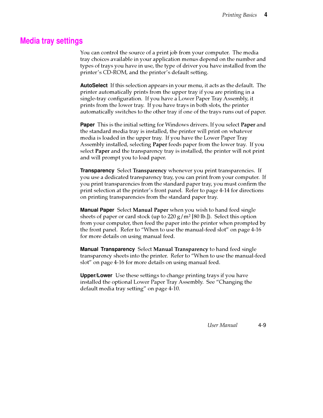 Tektronix 360 user manual Media tray settings 