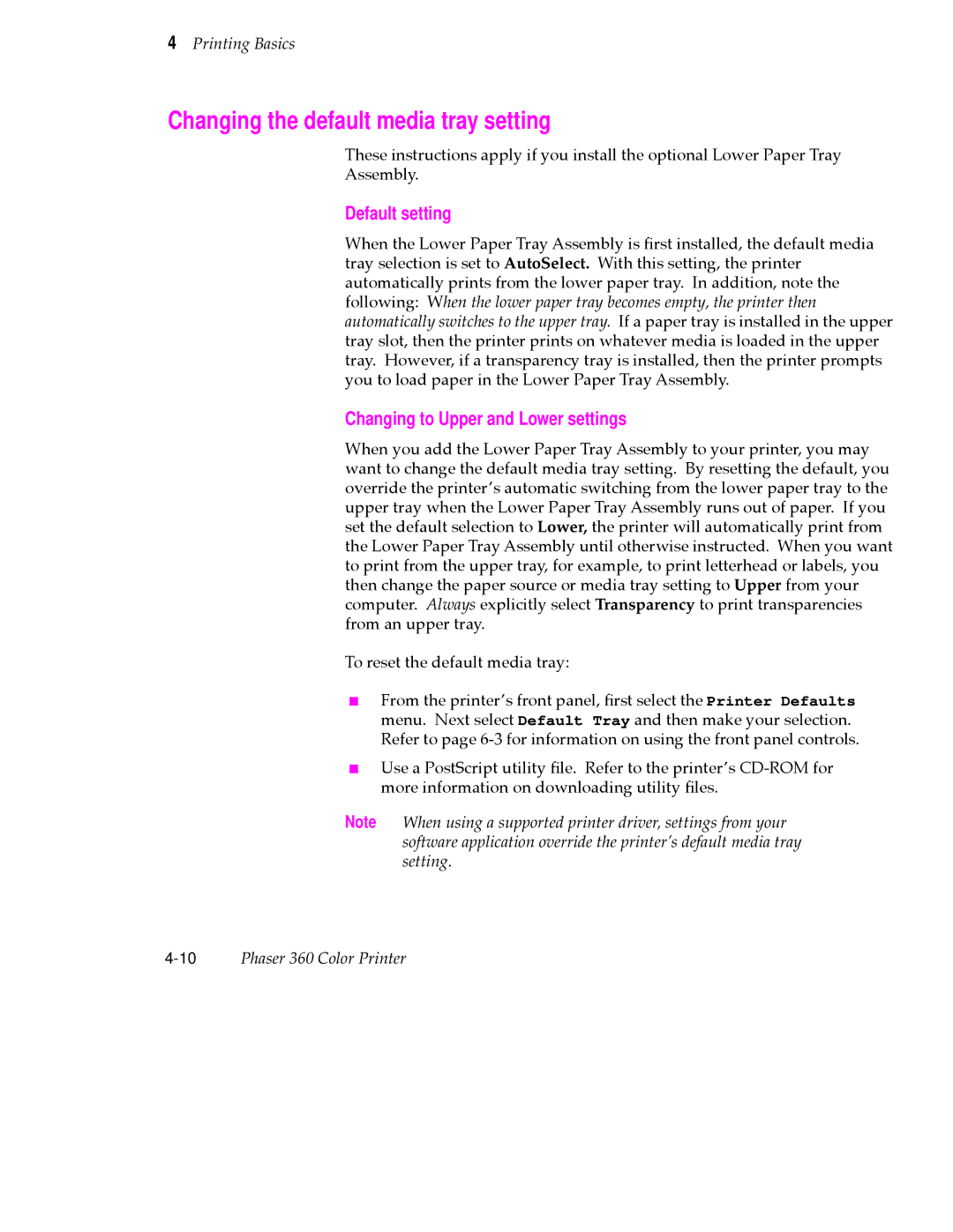 Tektronix 360 user manual Changing the default media tray setting, Default setting, Changing to Upper and Lower settings 