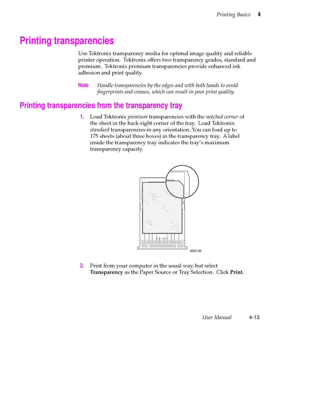 Tektronix 360 user manual Printing transparencies from the transparency tray 