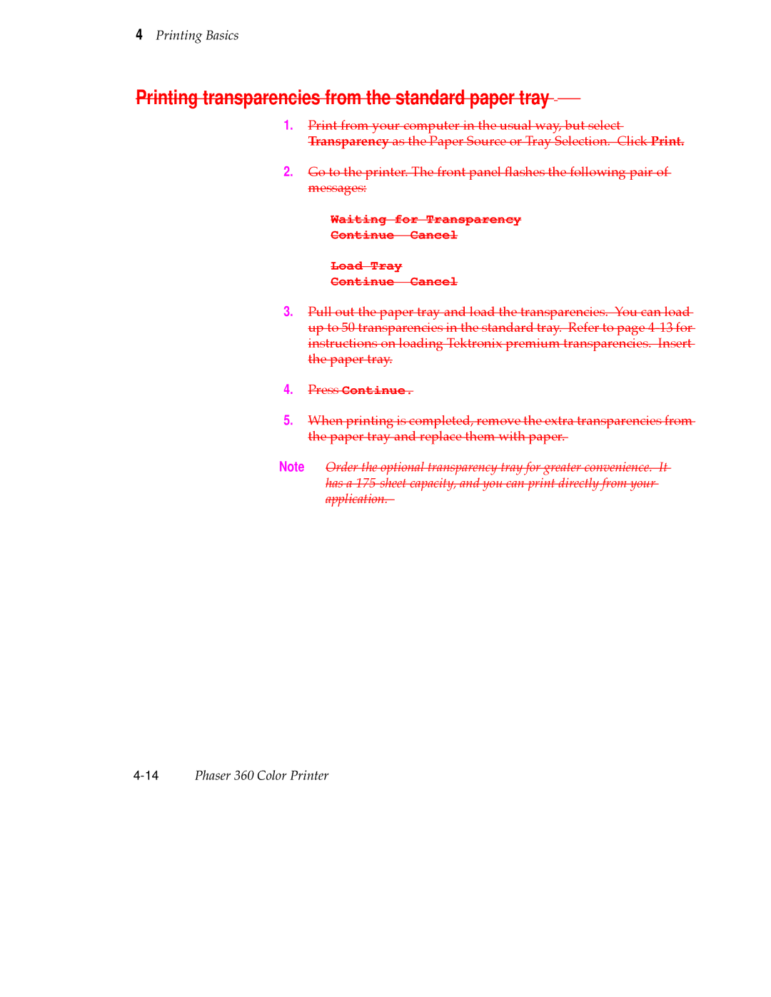 Tektronix 360 user manual Printing transparencies from the standard paper tray 