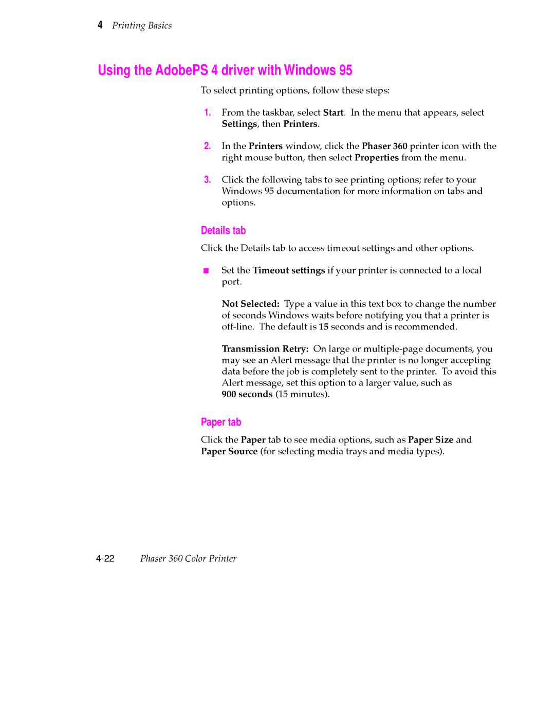 Tektronix 360 user manual Using the AdobePS 4 driver with Windows, Details tab, Paper tab, Settings, then Printers 