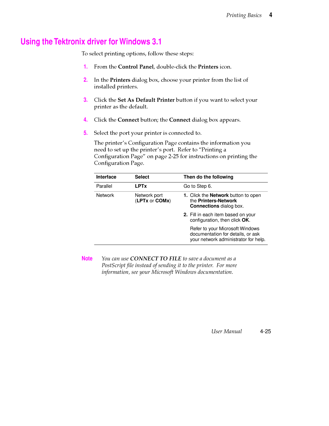 Tektronix 360 user manual Using the Tektronix driver for Windows, Interface Select Then do the following, LPTx 