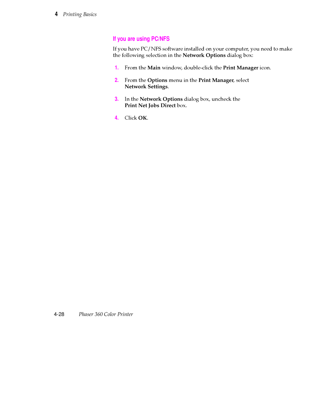 Tektronix 360 user manual If you are using PC/NFS, Network Settings, Print Net Jobs Direct box 