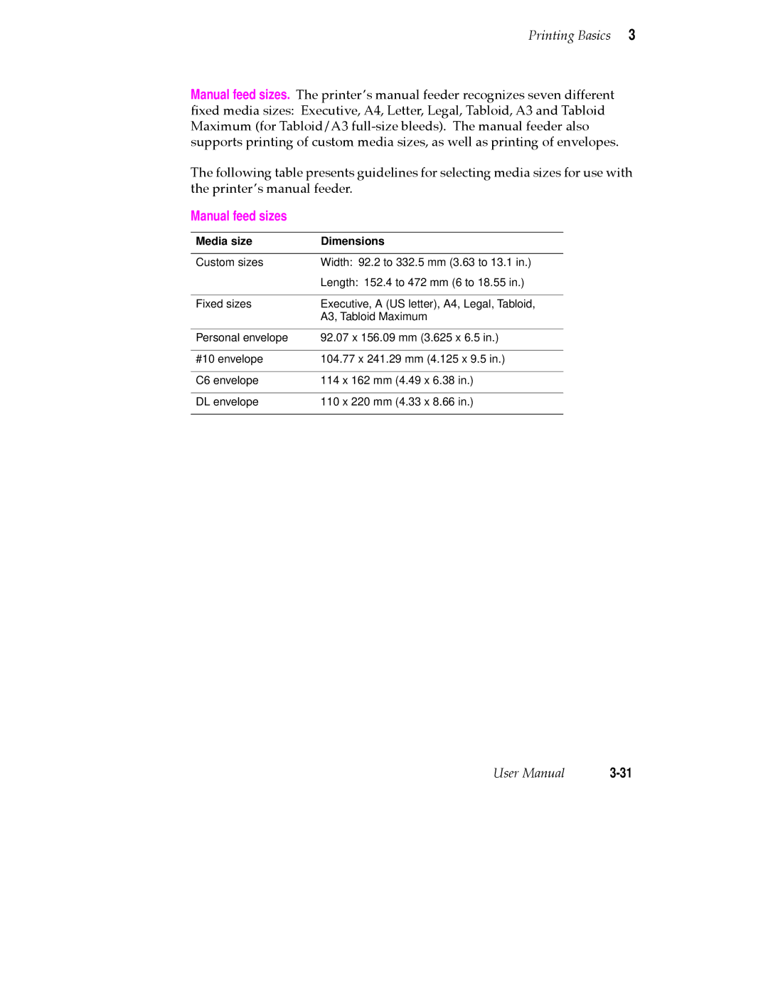 Tektronix 380 manual Manual feed sizes 