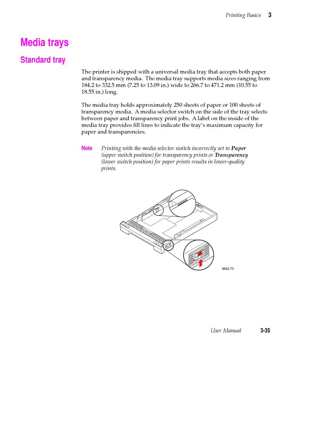 Tektronix 380 manual Media trays, Standard tray 