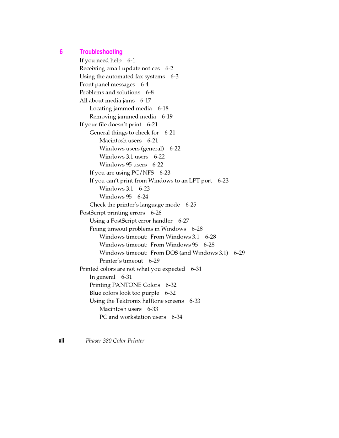 Tektronix manual Troubleshooting, Xii Phaser 380 Color Printer 