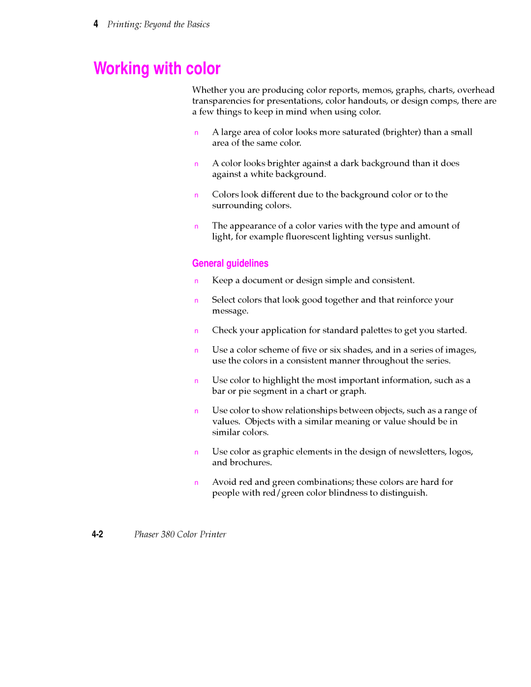 Tektronix 380 manual Working with color, General guidelines 