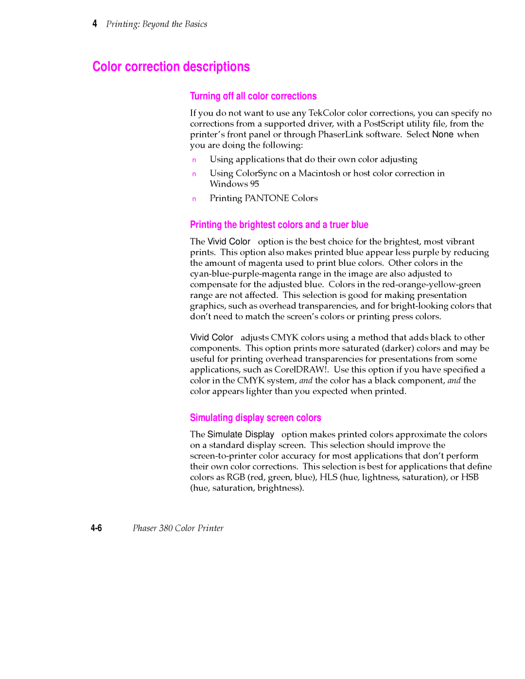 Tektronix 380 manual Color correction descriptions, Turning off all color corrections, Simulating display screen colors 