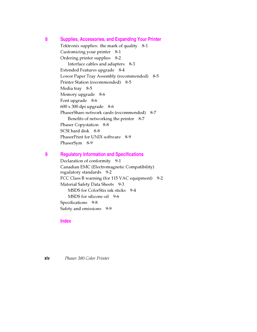 Tektronix 380 manual Supplies, Accessories, and Expanding Your Printer, Regulatory Information and Specifications, Index 