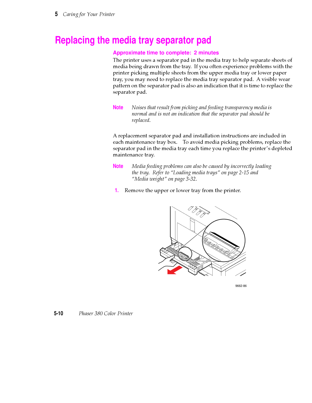 Tektronix 380 manual Replacing the media tray separator pad, Approximate time to complete 2 minutes 