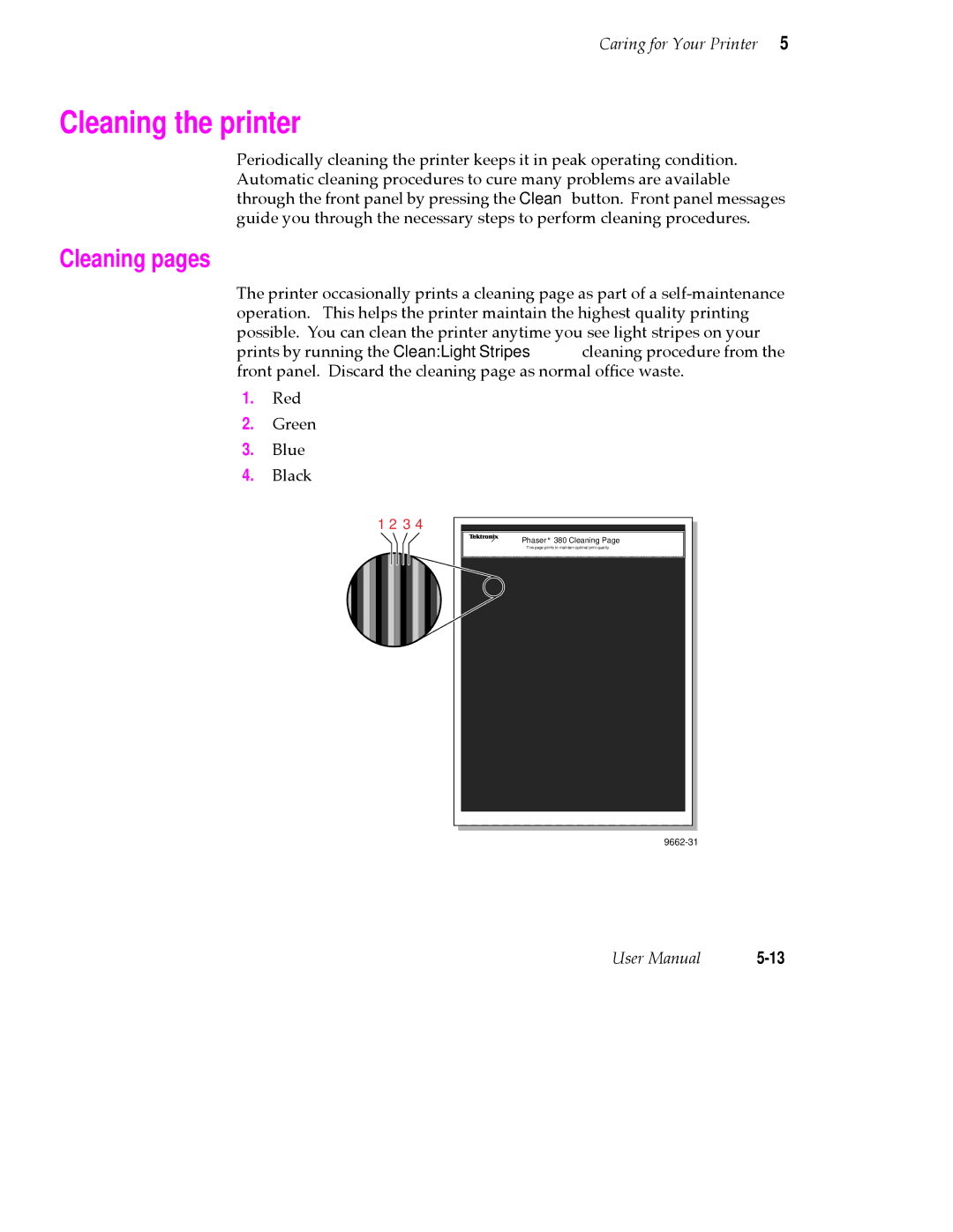 Tektronix 380 manual Cleaning the printer, Cleaning pages 