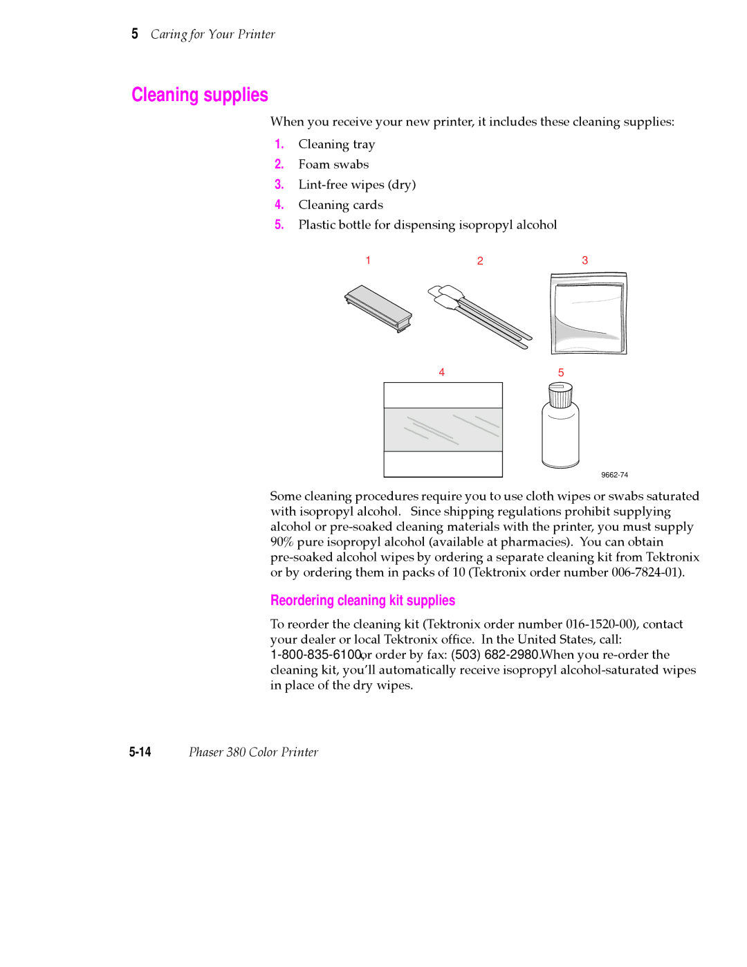 Tektronix 380 manual Cleaning supplies, Reordering cleaning kit supplies 