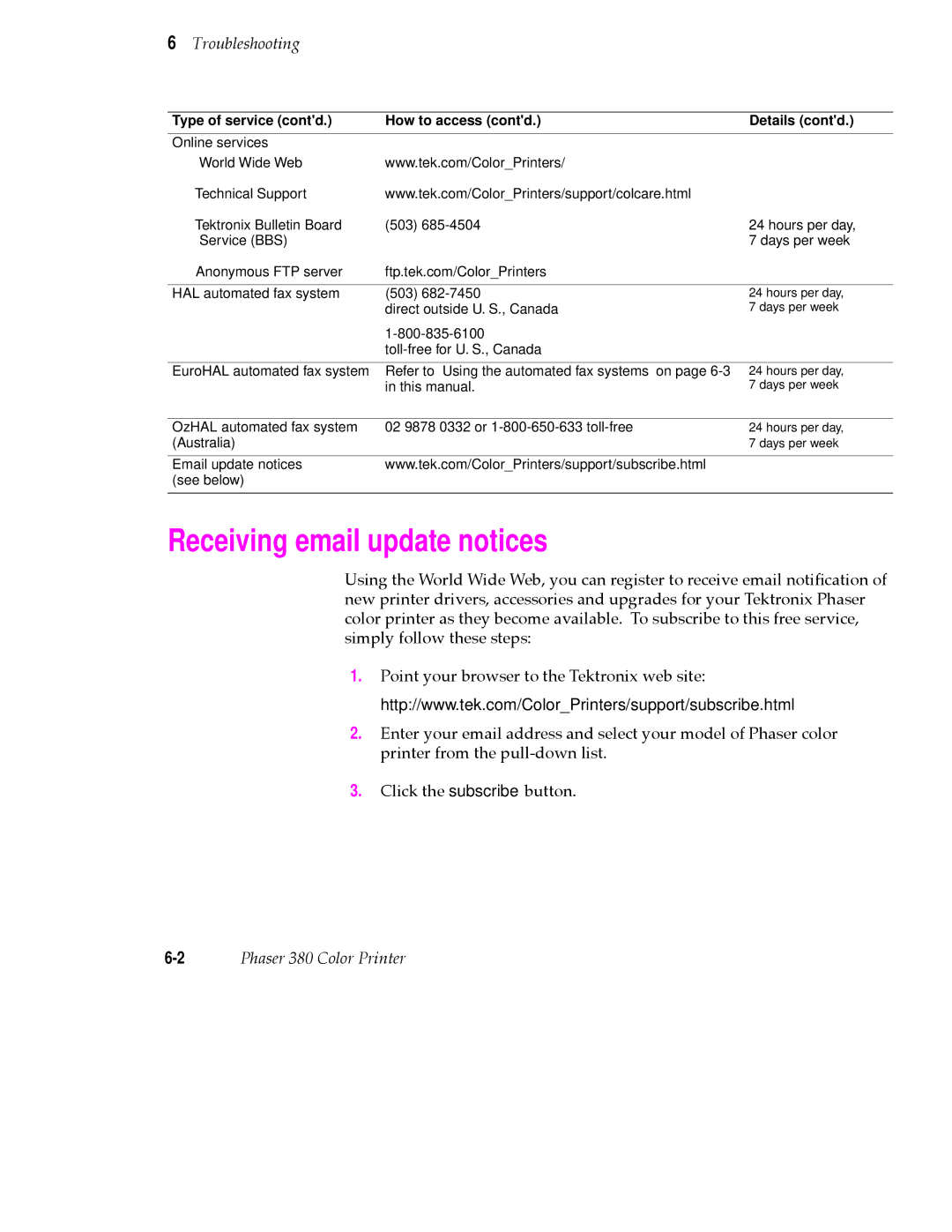 Tektronix 380 manual Receiving email update notices, Type of service contd How to access contd Details contd 