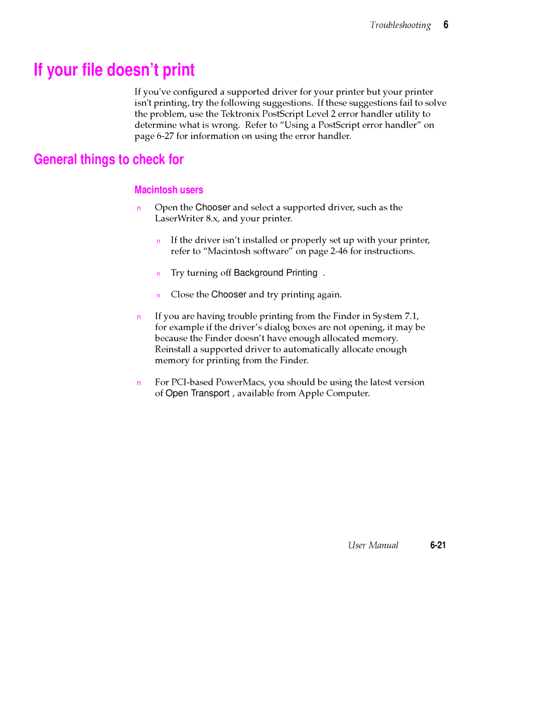 Tektronix 380 manual If your ﬁle doesn’t print, General things to check for, Macintosh users 