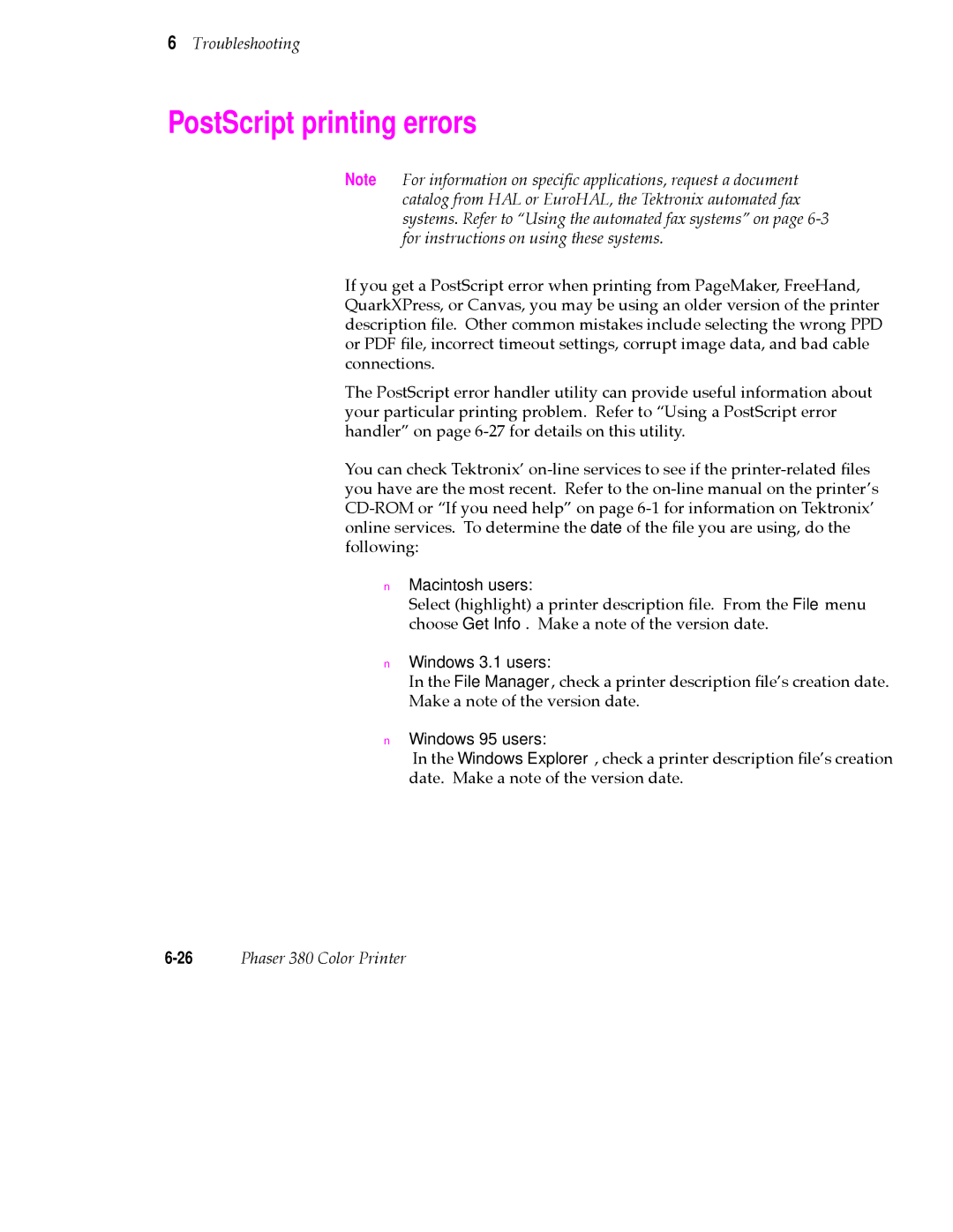 Tektronix 380 manual PostScript printing errors, Macintosh users 