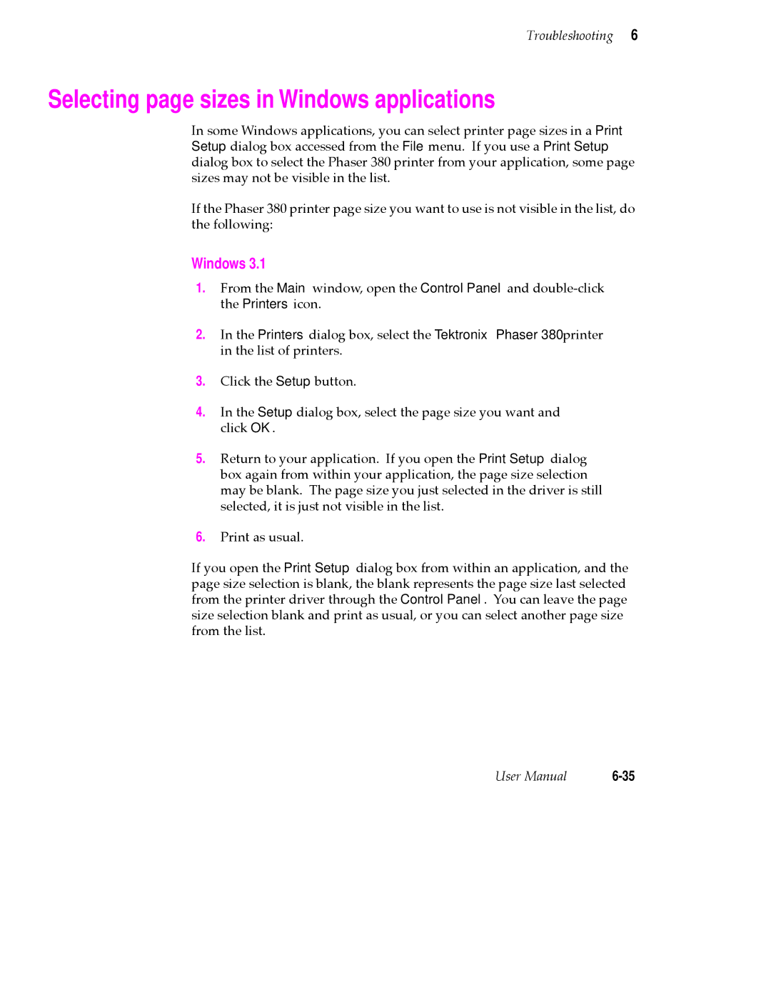 Tektronix 380 manual Selecting page sizes in Windows applications 