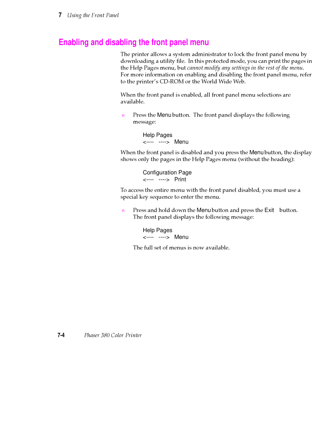 Tektronix 380 manual Enabling and disabling the front panel menu 