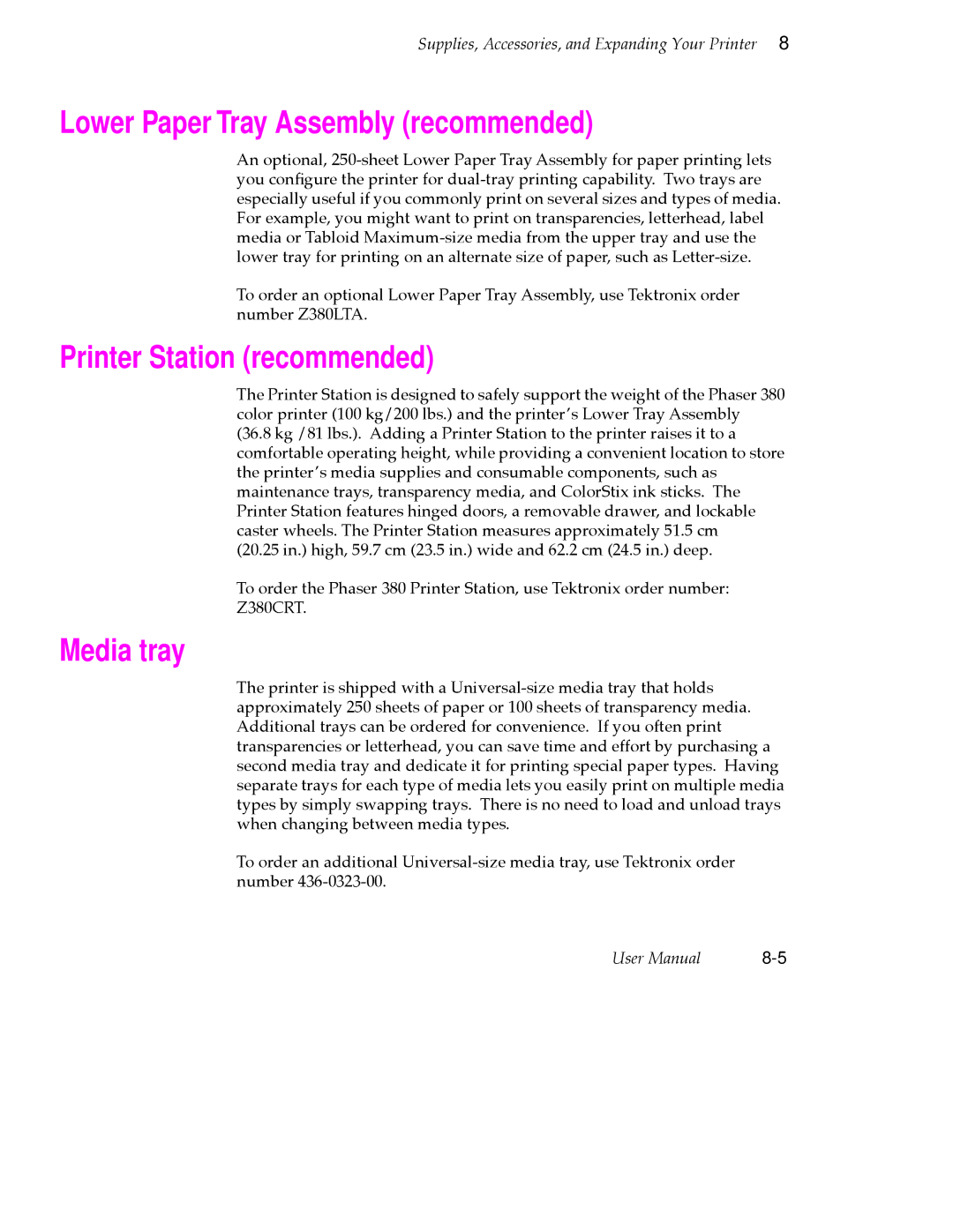 Tektronix 380 manual Lower Paper Tray Assembly recommended, Printer Station recommended, Media tray 