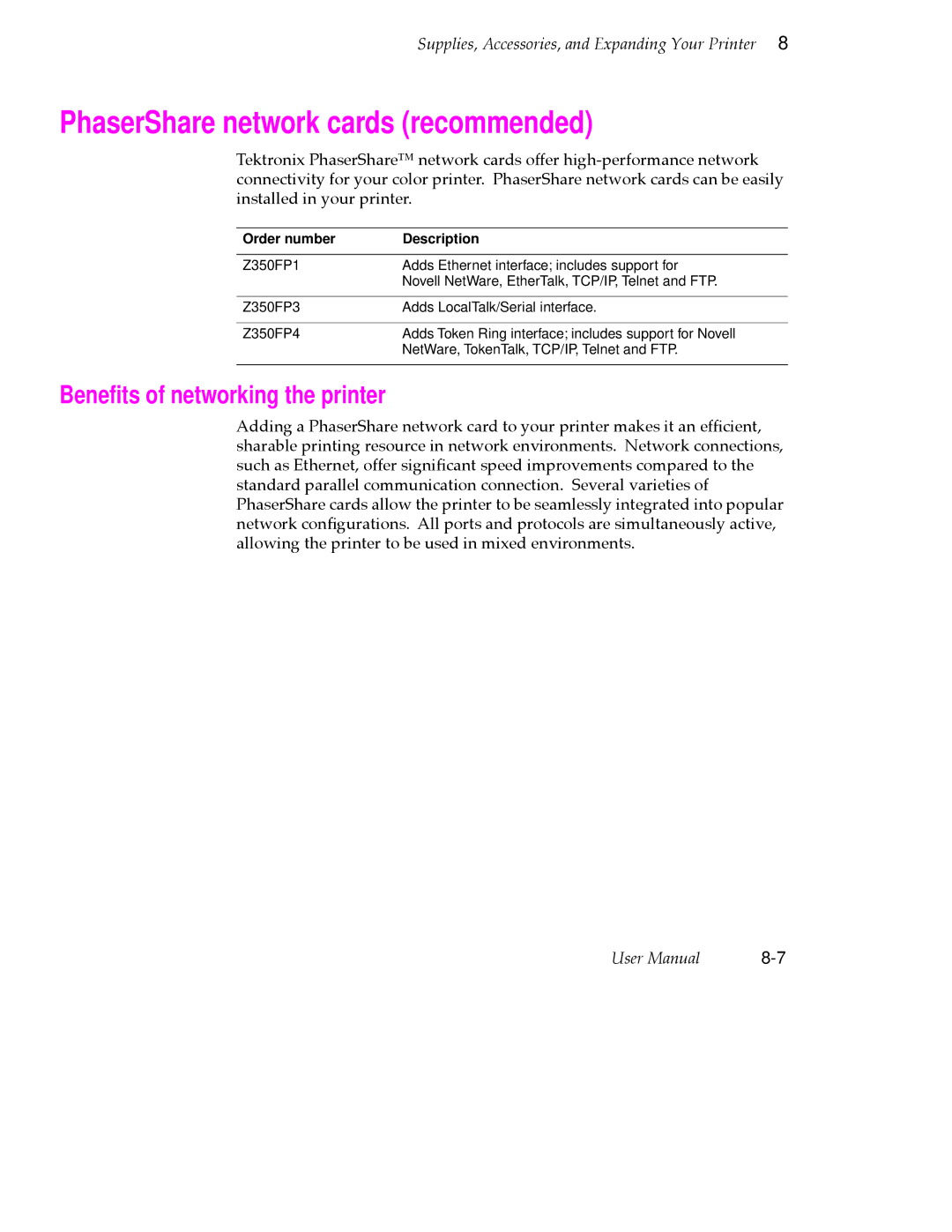 Tektronix 380 manual PhaserShare network cards recommended, Beneﬁts of networking the printer 