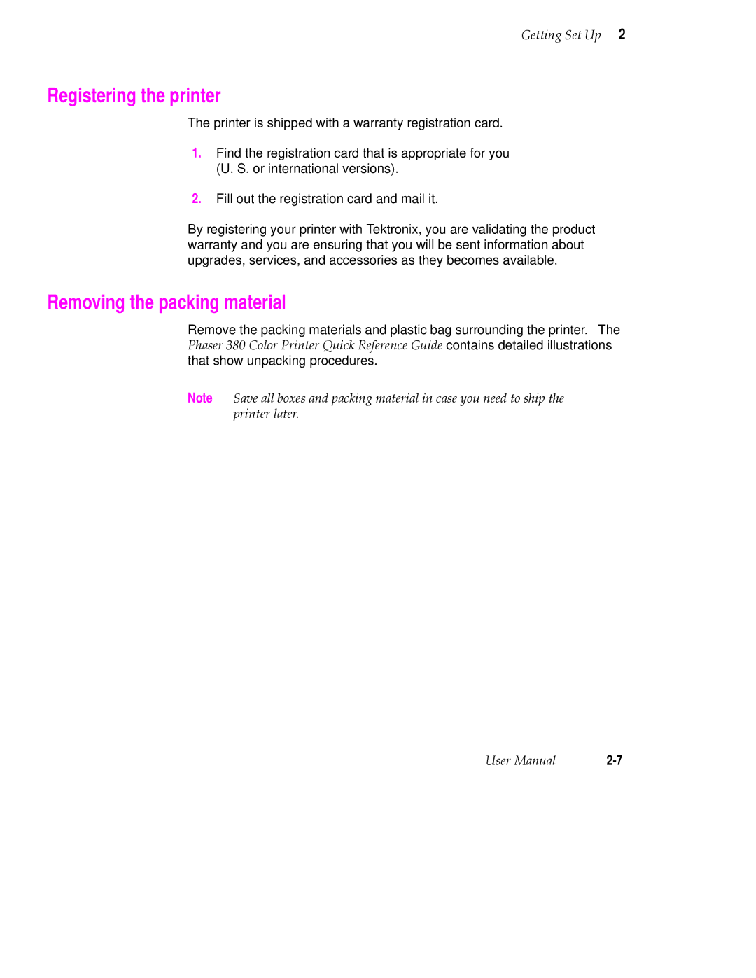 Tektronix 380 manual Registering the printer, Removing the packing material 
