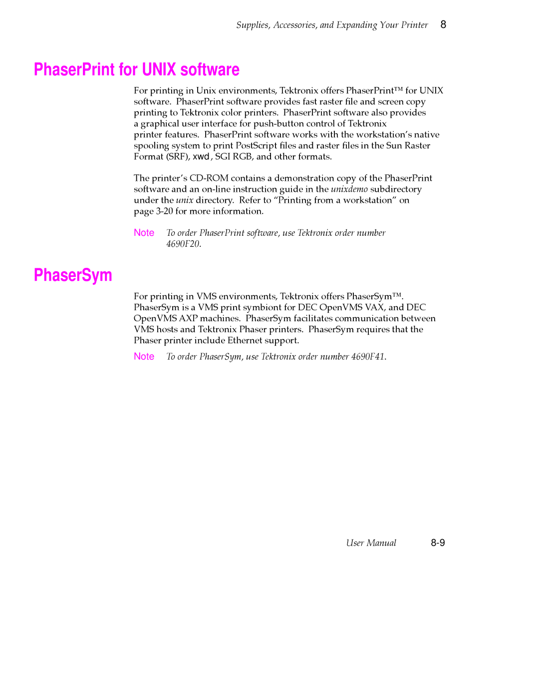 Tektronix 380 manual PhaserPrint for Unix software, PhaserSym 