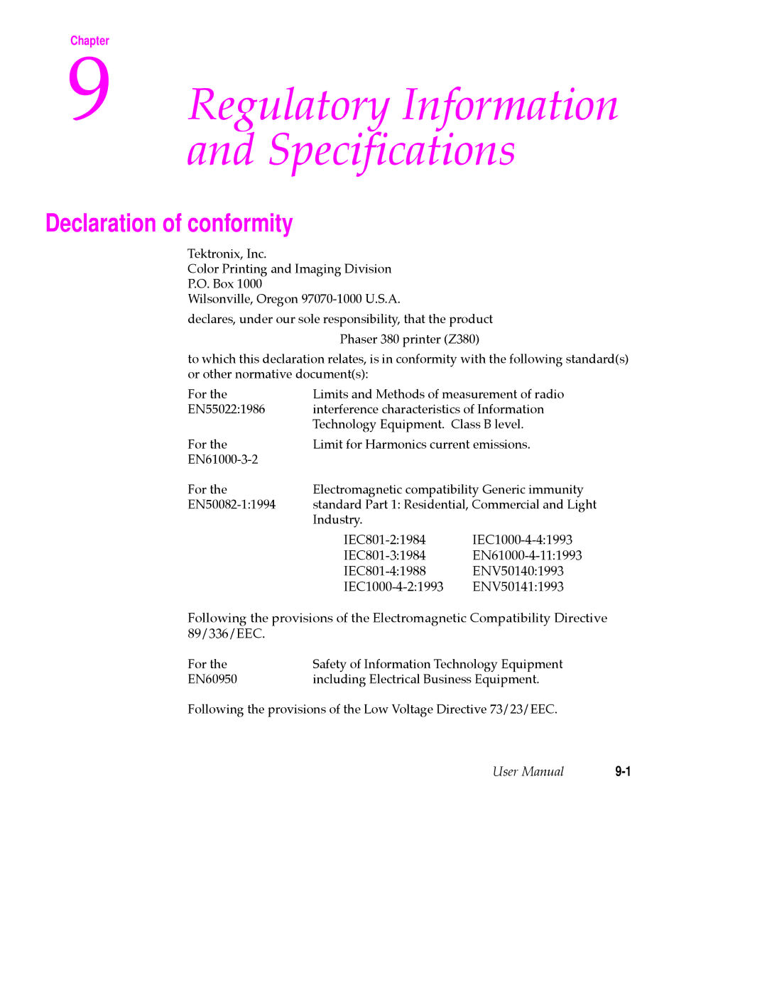 Tektronix 380 manual Regulatory Information SpecificationsChapter, Declaration of conformity 