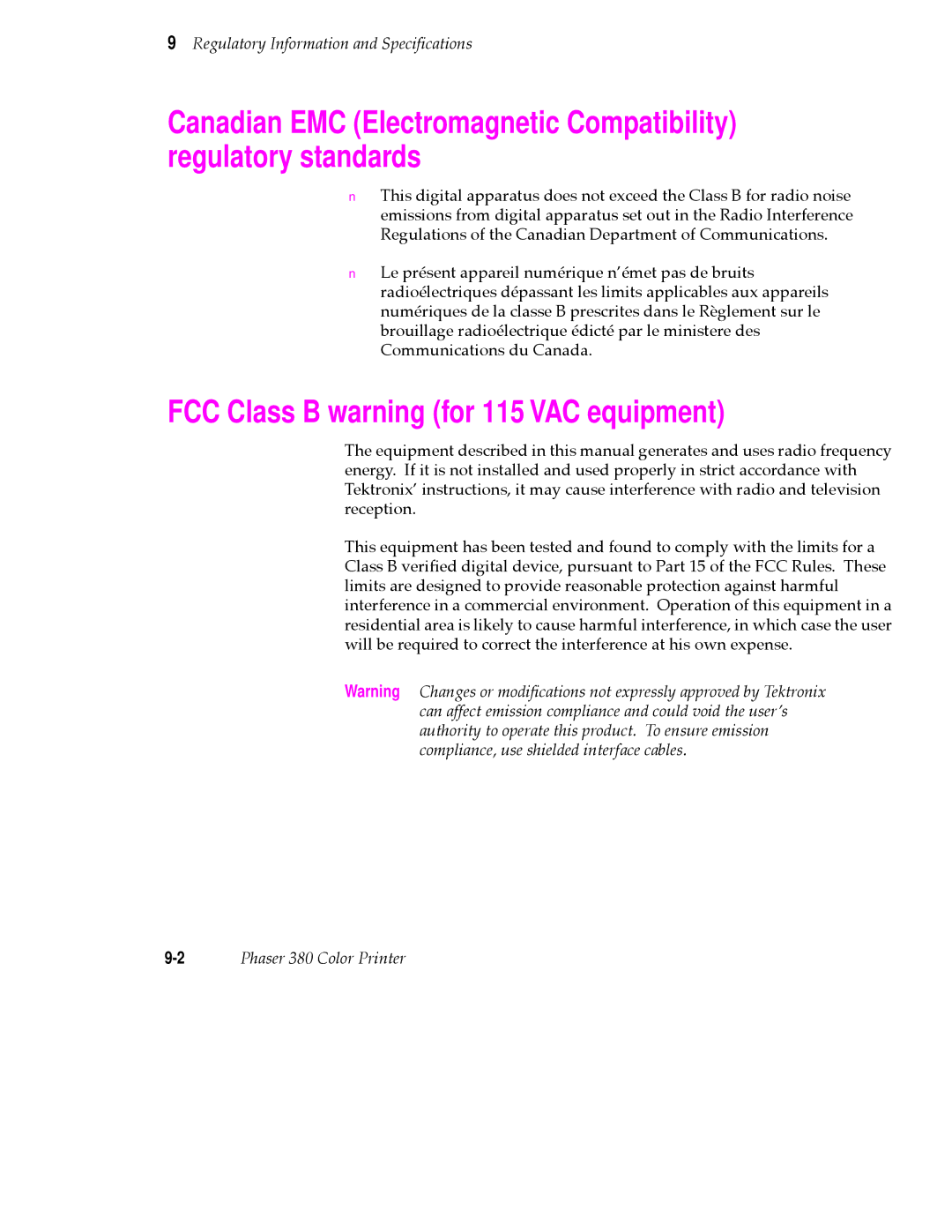 Tektronix 380 manual FCC Class B warning for 115 VAC equipment 