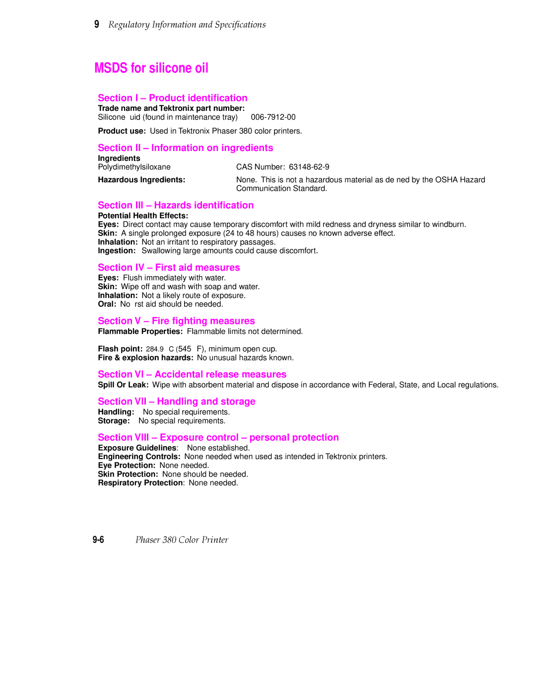 Tektronix 380 manual Msds for silicone oil 