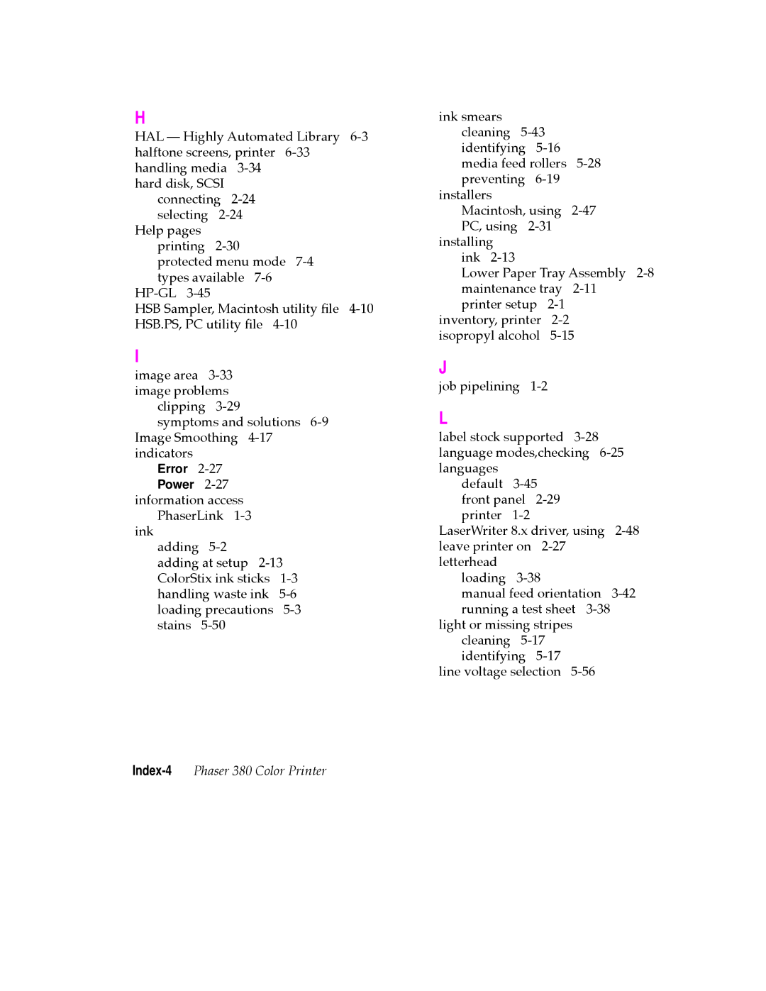 Tektronix manual Index-4Phaser 380 Color Printer 