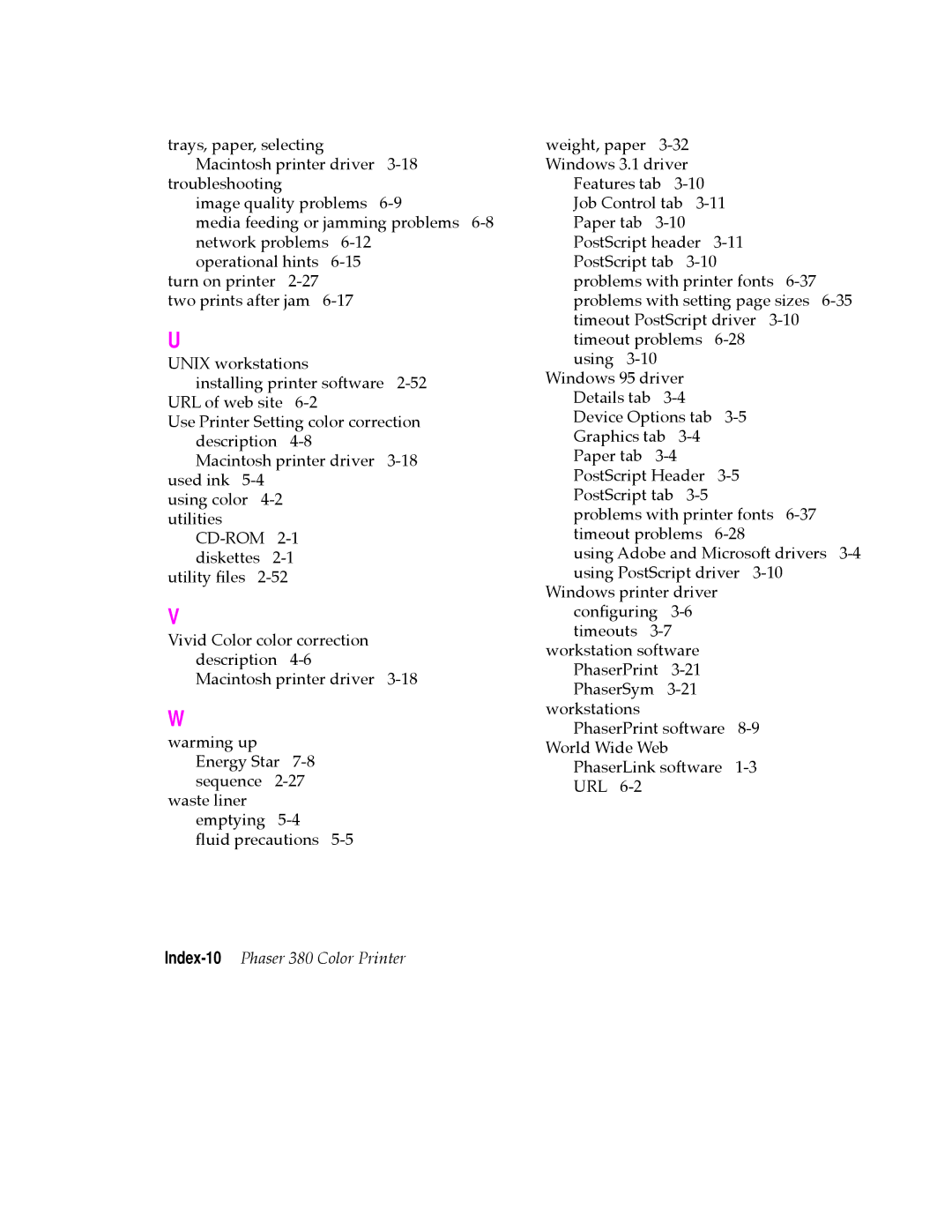 Tektronix manual Index-10Phaser 380 Color Printer 