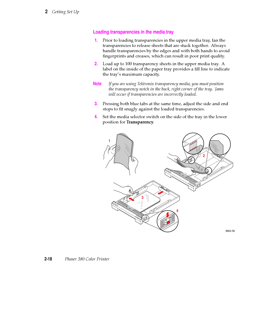 Tektronix 380 manual Loading transparencies in the media tray 