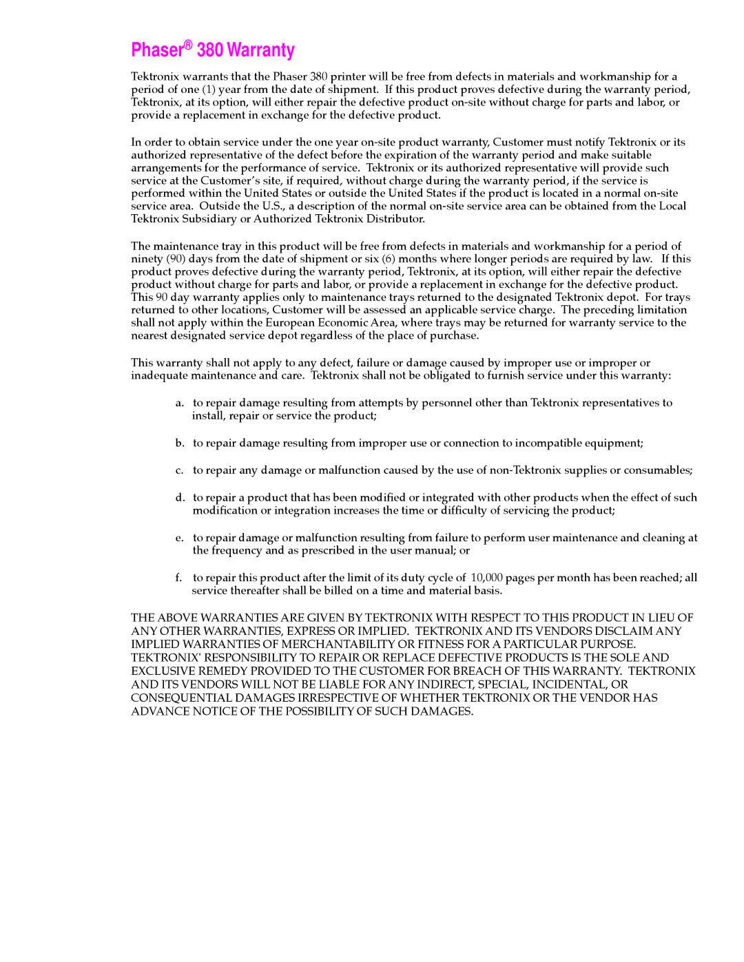 Tektronix manual Phaser 380 Warranty 