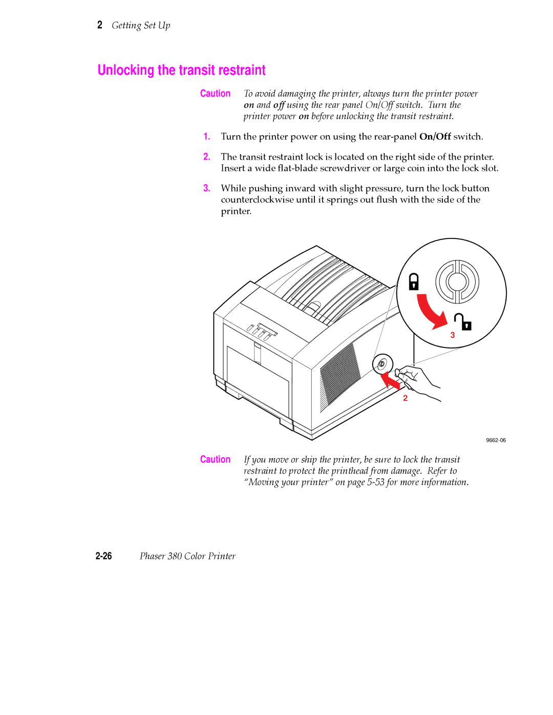 Tektronix 380 manual Unlocking the transit restraint 