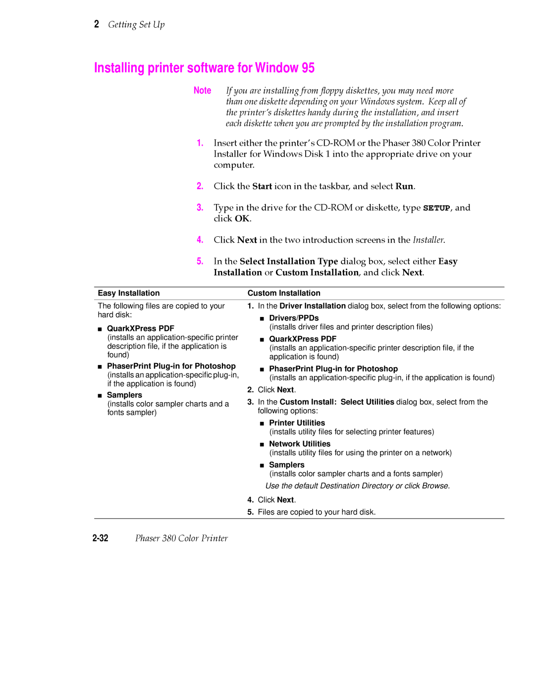 Tektronix 380 manual Installing printer software for Window, PhaserPrint Plug-in for Photoshop, Printer Utilities 