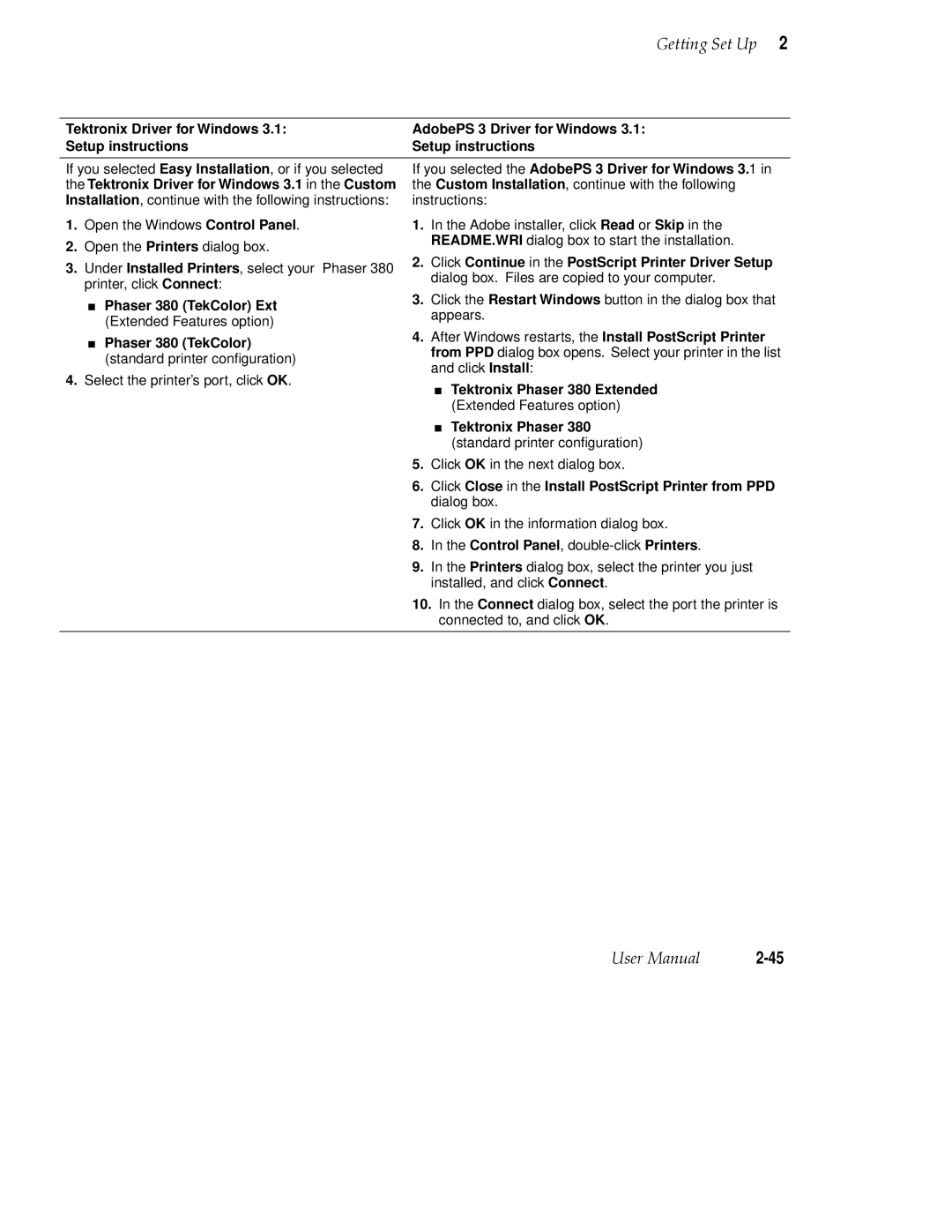 Tektronix 380 manual If you selected the AdobePS 3 Driver for Windows 3.1, Tektronix Driver for Windows 3.1 in the Custom 