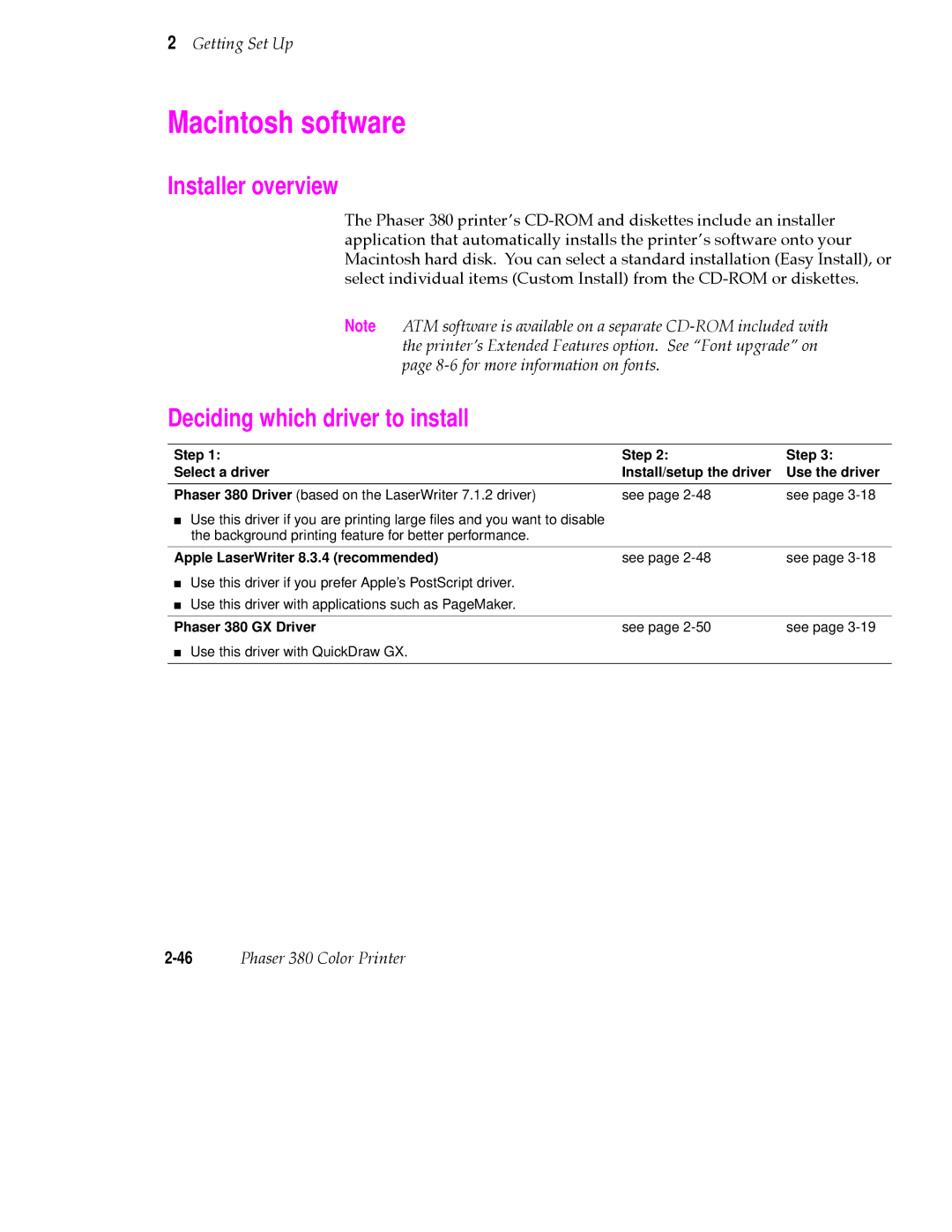 Tektronix 380 manual Macintosh software, Deciding which driver to install, Apple LaserWriter 8.3.4 recommended 