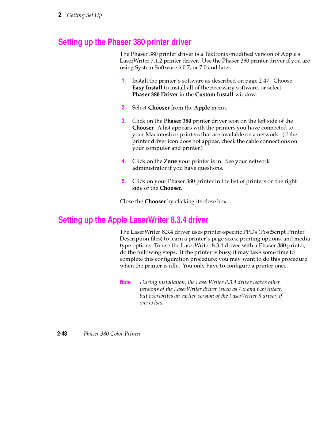 Tektronix manual Setting up the Phaser 380 printer driver, Setting up the Apple LaserWriter 8.3.4 driver 