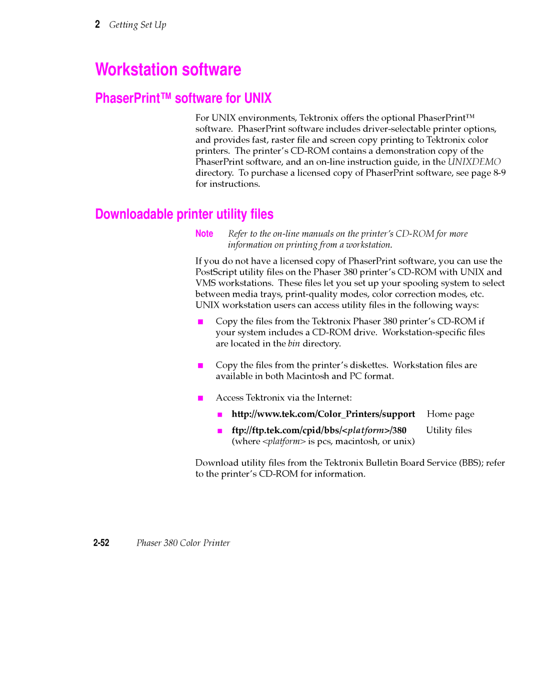 Tektronix 380 manual Workstation software, PhaserPrint software for Unix, Downloadable printer utility ﬁles 