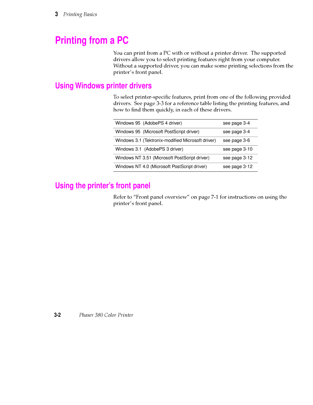 Tektronix 380 manual Printing from a PC, Using Windows printer drivers, Using the printer’s front panel 