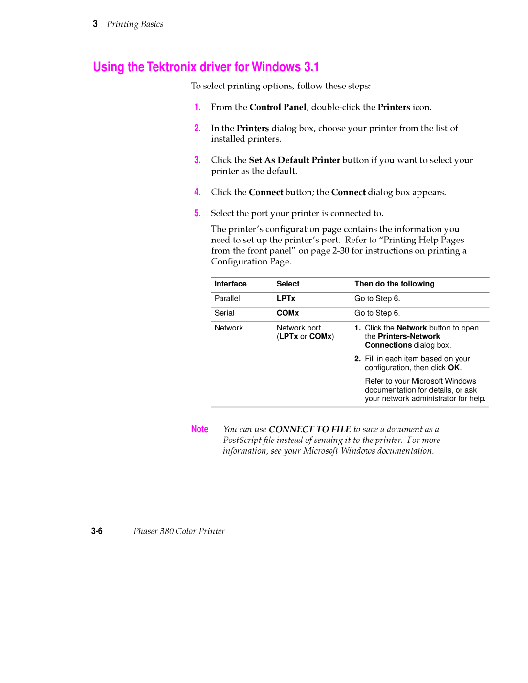 Tektronix 380 manual Using the Tektronix driver for Windows, Interface Select Then do the following, LPTx, COMx 