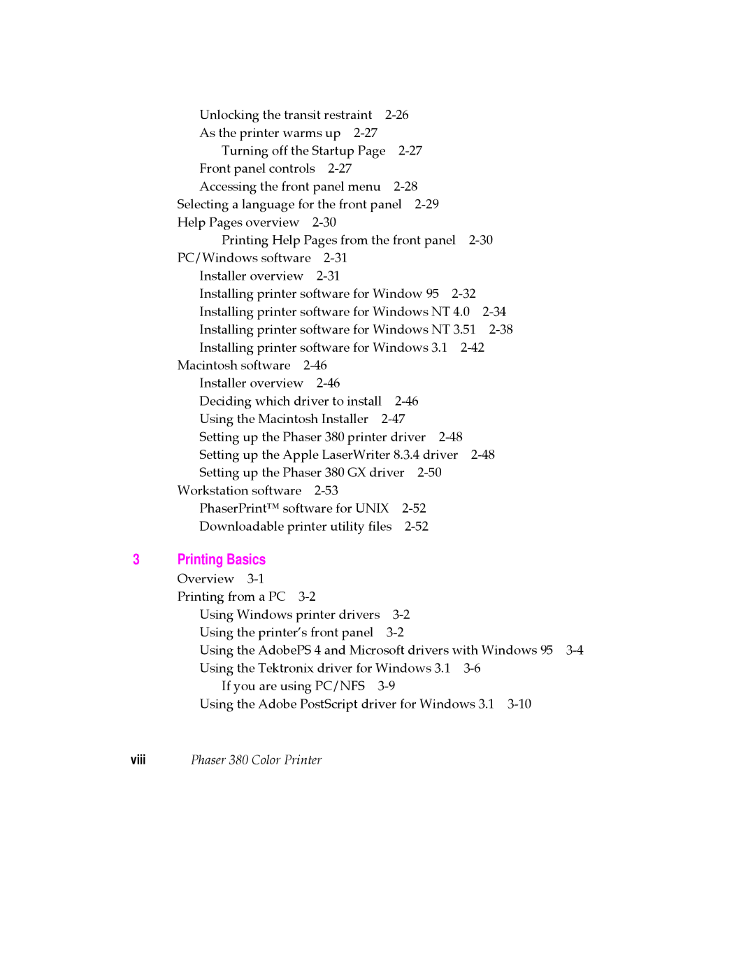 Tektronix manual Printing Basics, Viii Phaser 380 Color Printer 