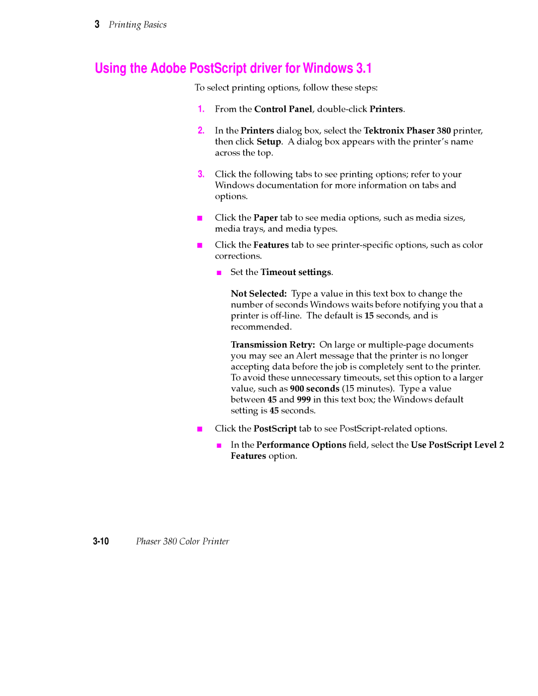 Tektronix 380 manual Using the Adobe PostScript driver for Windows, Set the Timeout settings 