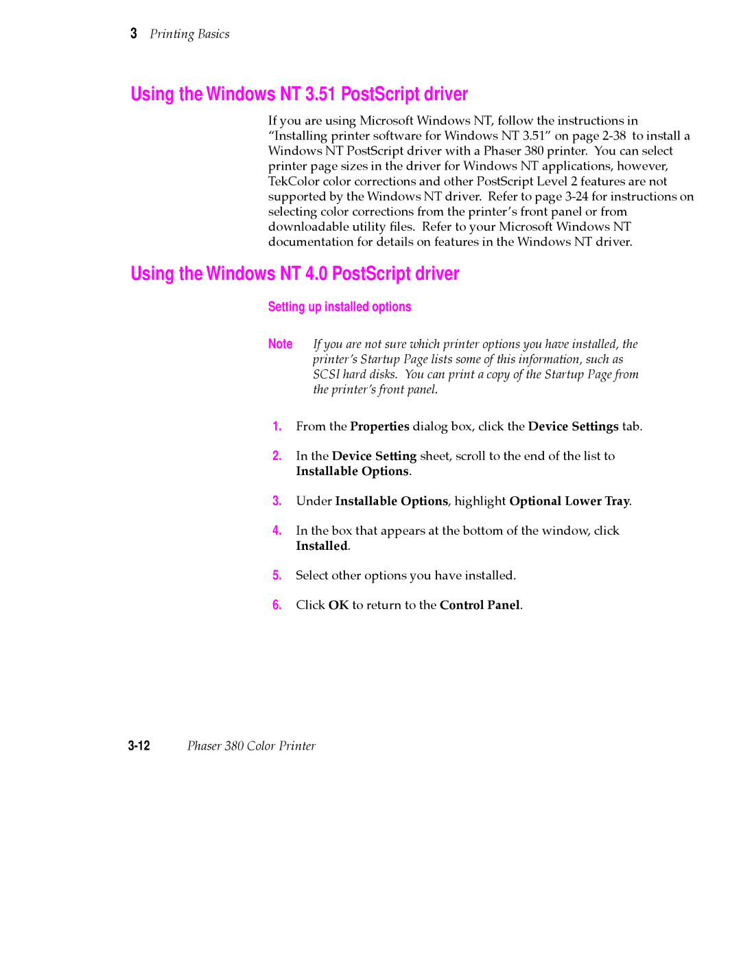 Tektronix 380 manual Using the Windows NT 3.51 PostScript driver, Using the Windows NT 4.0 PostScript driver 