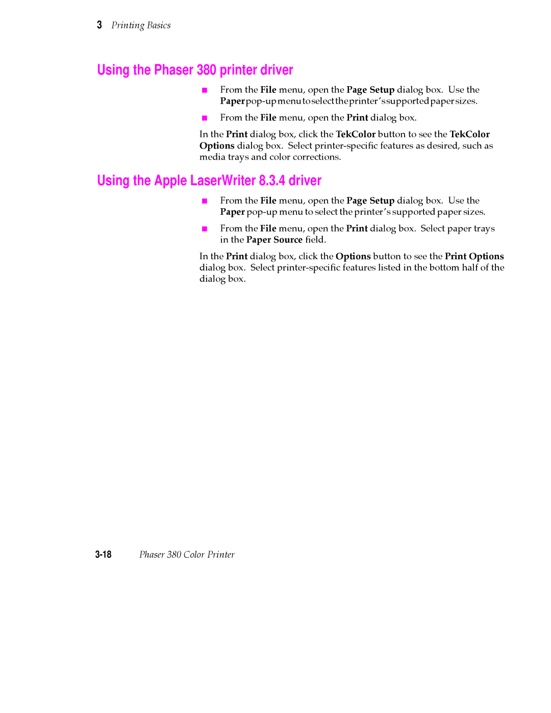 Tektronix manual Using the Phaser 380 printer driver, Using the Apple LaserWriter 8.3.4 driver 