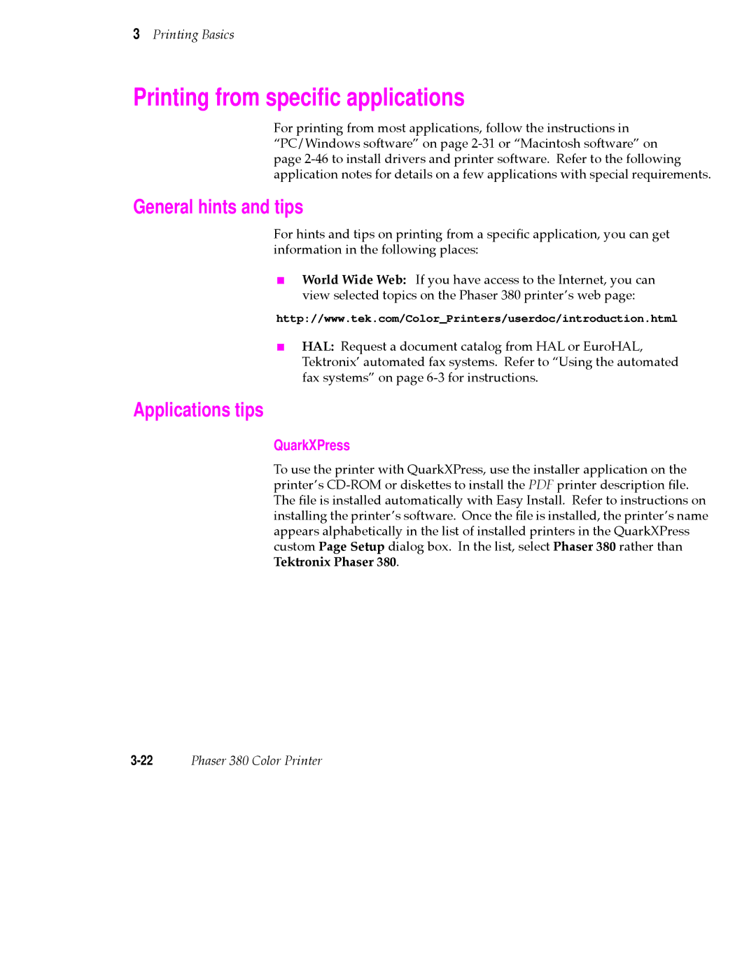 Tektronix 380 manual Printing from speciﬁc applications, General hints and tips, Applications tips, QuarkXPress 