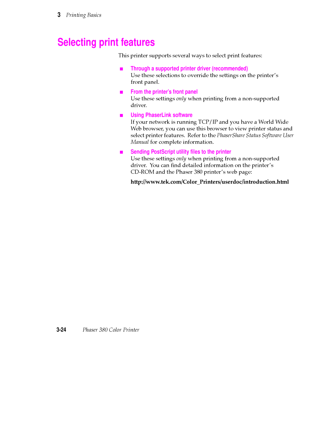 Tektronix 380 manual Selecting print features 