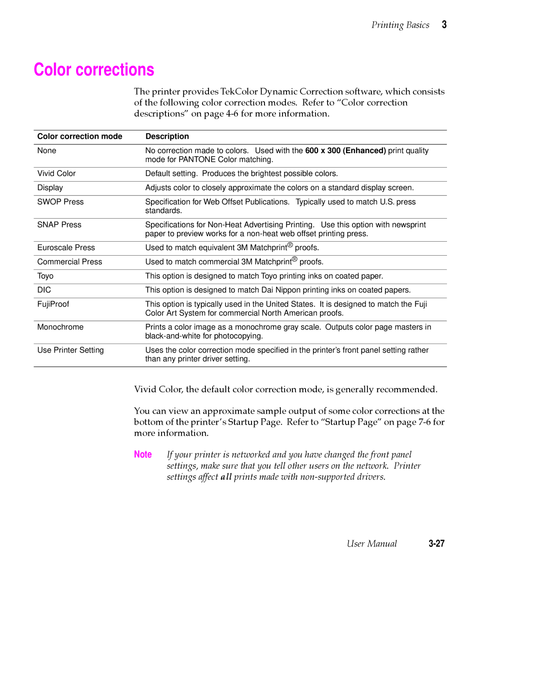 Tektronix 380 manual Color corrections, Color correction mode Description 