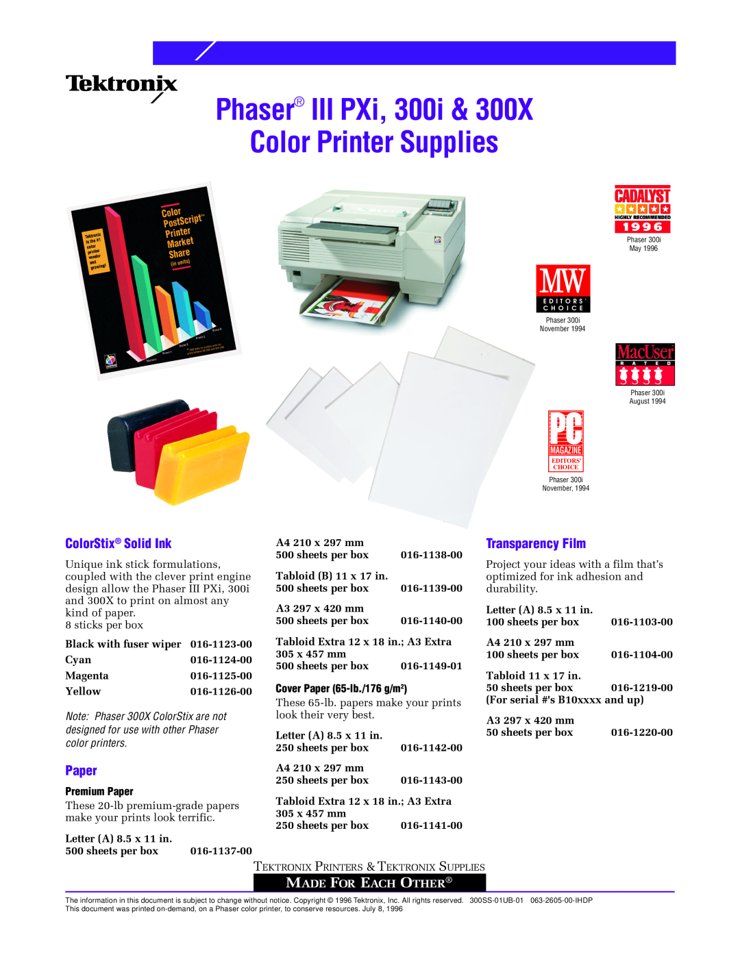 Tektronix 4680FP1, 4680FP2 manual ColorStix Solid Ink, Transparency Film, Premium Paper, Cover Paper 65-lb./176 g/m2 
