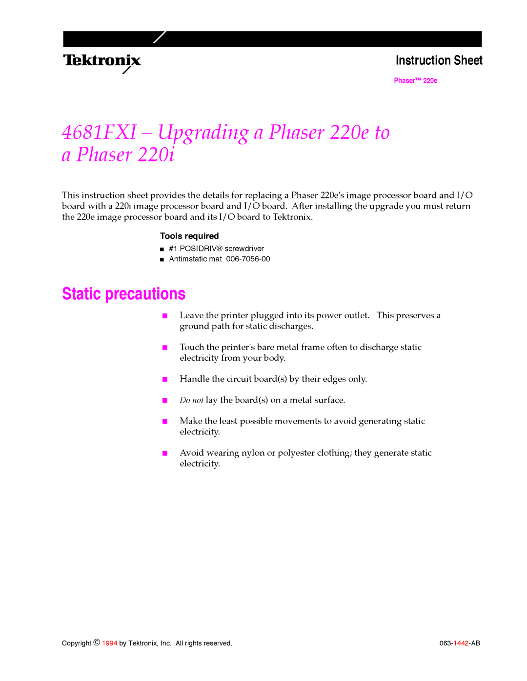 Tektronix instruction sheet 4681FXI Ð Upgrading a Phaser 220e to a Phaser 