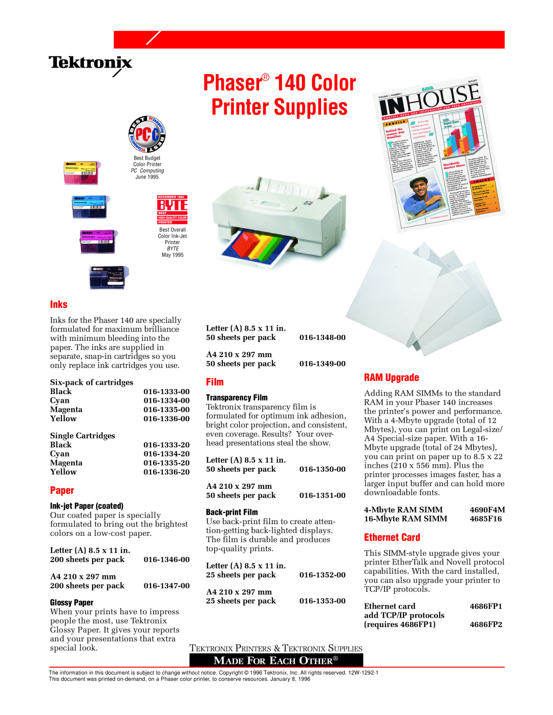 Tektronix 4690F4M manual Printer Supplies, Phaser 140 Color, Inks, Film, RAM Upgrade, Ethernet Card, Glossy Paper 